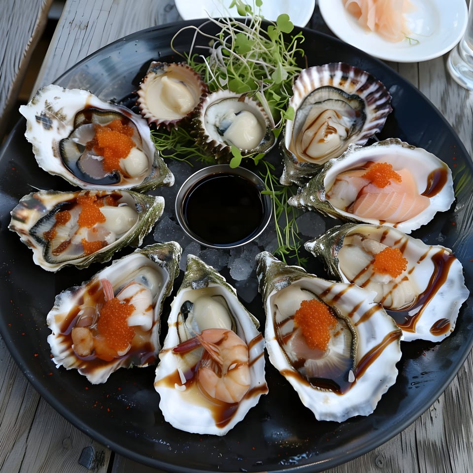 A black platter of fresh oysters, some topped with roe, shrimp, or salmon, on a wooden table.