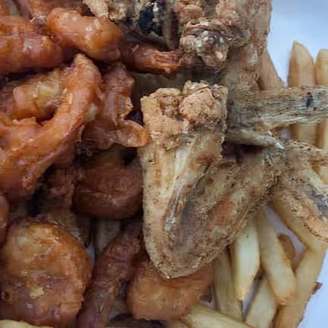 3 Whole Wings or 5 Wing Dings, 20 Large Shrimp or 10 Jumbo Shrimp with Fries.
