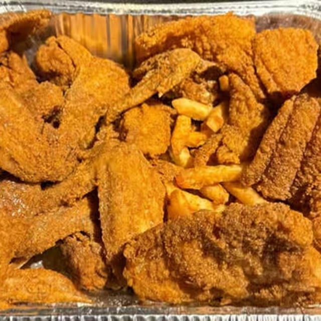 5 Pcs Fish (Whiting or Tilapia or O. Perch or White Bass or Swai), 10 Whole Wings with Fries.