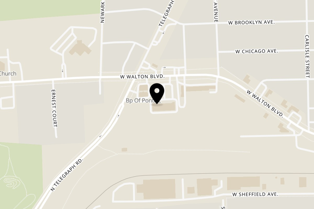 Map showing the location of Walton’s Fresh Fish Seafood on 343 W Walton Blvd in Pontiac